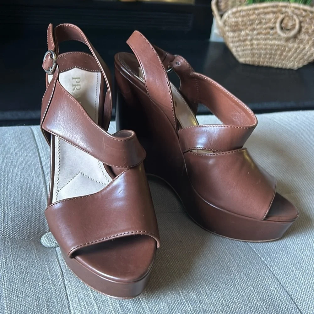 Prada Asymmetric Calfskin Wedge Sandal, Brown